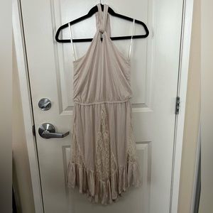 Ella Moss Beige Lace Halter Dress Y2K Vintage Asymmetrical Flowy Elastic Band